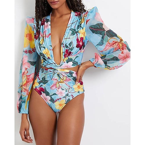 

Mulheres Roupa de Banho Uma pedaço Normal roupa de banho Com Corte Estampado Floral Rosa Azul Maiô Fatos de banho Esportivo Verão