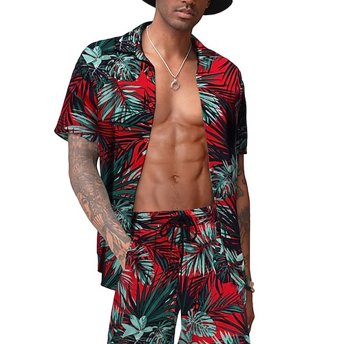 

Herren Hemd Hawaiihemd Sommerhemd Grafik-Drucke Palmblatt Umlegekragen Rote Strasse Casual Kurze Ärmel Button-Down Bedruckt Bekleidung Tropisch Sport Strassenmode Designer