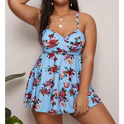 

Mulheres Roupa de Banho Tankini 2 partes Tamanho Grande roupa de banho 2 Peças Estampado Floral Preto Azul Malha Íntima Fatos de banho Esportivo Verão