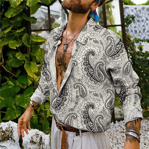 

Men's Shirt Floral Graphic Prints Turndown Navy Blue Beige Gray Outdoor Street Long Sleeve Button-Down Print Clothing Apparel Tropical Fashion Boho Designer