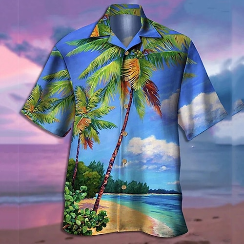 

Men's Shirt Summer Hawaiian Shirt Graphic Prints Palm Tree Turndown Navy Blue Blue Sky Blue Purple Green Casual Holiday Short Sleeve Button-Down Print Clothing Apparel Tropical Fashion Hawaiian Soft