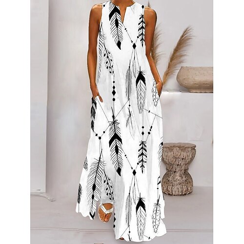 

Dame Lang kjole Maxikjole Hverdagskjole Swing Kjole Print kjole Fjer Afslappet Romantik Ferie Ferierejse Strand Lomme Trykt mønster Uden ærmer V-hals Kjole Løstsiddende Hvid Blå Forår Sommer S M L XL