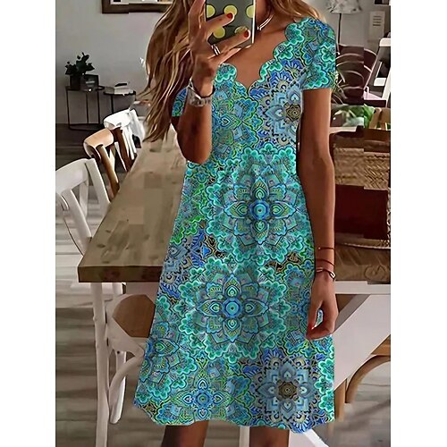 

Tenue décontractée Robe Droite Robe imprimée Femme Floral Imprimer Col festonné Actif Mode Extérieur du quotidien Manche Courte Standard Bleu Printemps Eté S M L XL XXL