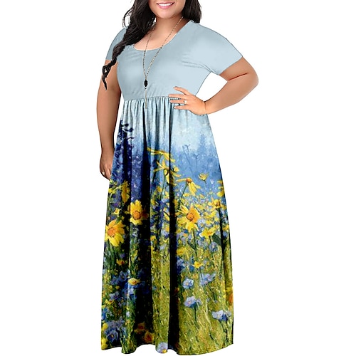 

Dame Store størrelser Uformell kjole Kjole med A-linje Blomstret Lang kjole Maxikjole Kortermet Rynket Trykt mønster Crew-hals Romantikk Stevnemøte Blå Lilla Vår Sommer L XL XXL 3XL 4XL