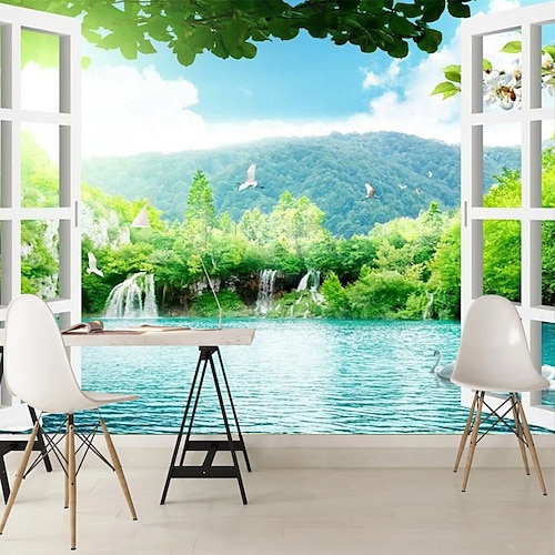 

Paysage papier peint mural lac fenêtre vue revêtement mural autocollant peler et coller amovible pvc/vinyle matériau auto-adhésif/adhésif requis décoration murale pour salon cuisine salle de bain