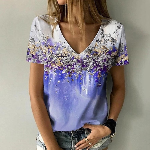 

T shirt Tee Femme Bleu Violet Bleu clair Graphic Imprimer Manche Courte du quotidien Fin de semaine basique Col V Normal Standard Abstrait Peinture S