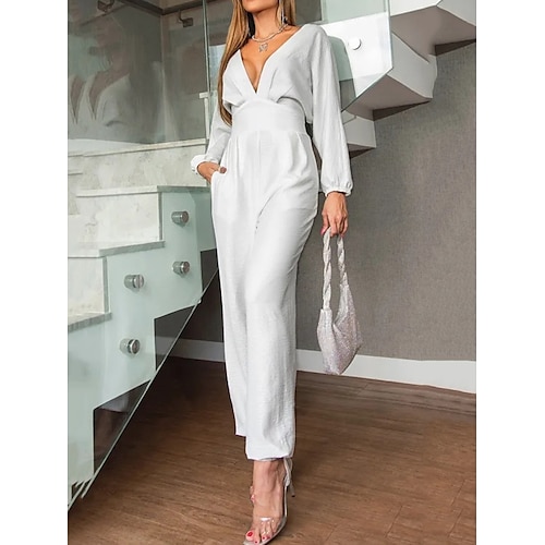 

Women's Jumpsuit Pocket High Waist Solid Color V Neck Elegant Office Work Regular Fit Long Sleeve White Yellow S M L Spring