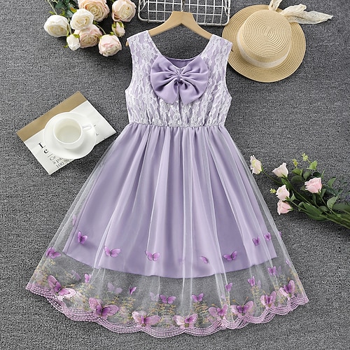 

Bambino Da ragazza Vestito Tinta unica Farfalla Abito in tulle Al ginocchio Vestito Esterno Nodo della cravatta Girocollo Senza maniche Di tendenza Vestito 7-13 anni Estate Viola