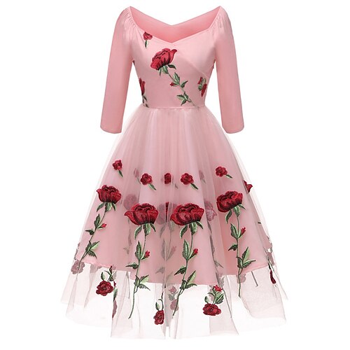

Dame Elegant Ferie Swingkjole Midikjole Bryllup utendørs Netting Lapper Blomstret V-hals 3/4 ermer Normal Vår Sommer 2023 Svart Hvit S M L XL