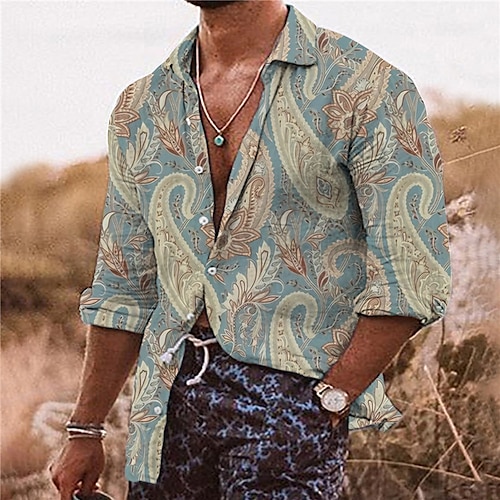 

Hombre Camisa Floral Estampados Cuello Vuelto Azul Piscina Gris Exterior Calle Manga Larga Abotonar Estampado Ropa Tropical Moda Boho Design