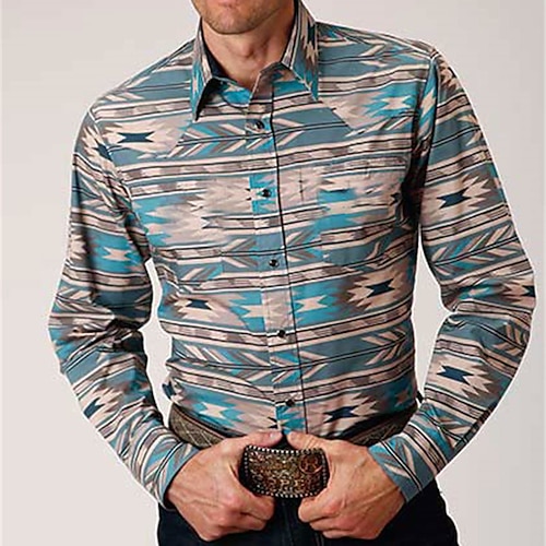 

Homens Camisa Social Tribal Estampas Abstratas Geometria Aberto para a Lateral Azul Ao ar livre Rua Manga Longa Botão para baixo Imprimir Roupa Esportes Moda Roupa de rua Designer