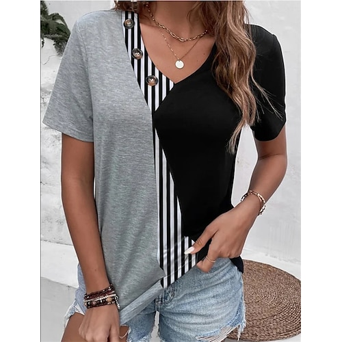 

T shirt Tee Femme Gris Bloc de couleur Rayé Patchwork Imprimer Manche Courte Casual du quotidien basique Col V Normal Ample S