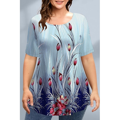 

T shirt Tee Femme Noir bleu marine Bleu Floral Géométrique Imprimer Manche Courte Vacances Fin de semaine basique Col Rond Longue Standard Fleur Géométrique Peinture Grande Taille L