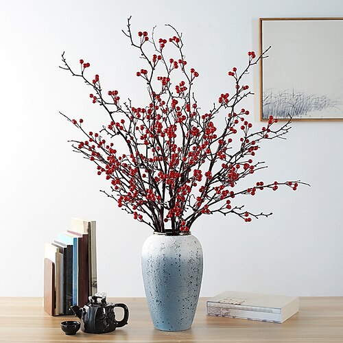 

1PC artificial flower plant shape red berry branch decoration for New Year and Spring Festival holiday atmosphere suitable for indoor desktop window decoration (excluding bottles)