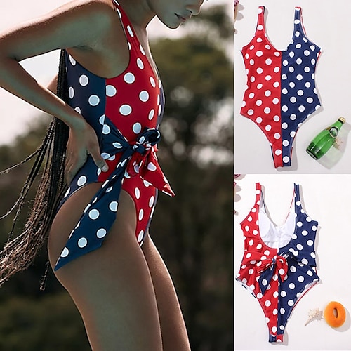 

Women's Swimwear One Piece Normal Swimsuit Printing Polka Dot Red Bodysuit Bathing Suits Sports Summer