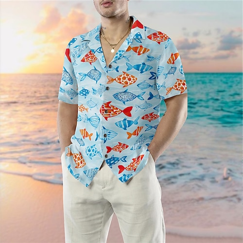 

Homme Chemise Chemise hawaïenne Imprimés Photos Poissons Col rabattu Bleu Casual Vacances Manche Courte Bouton bas Imprimer Vêtement Tenue Tropique Mode Vêtement de rue Hawaïen