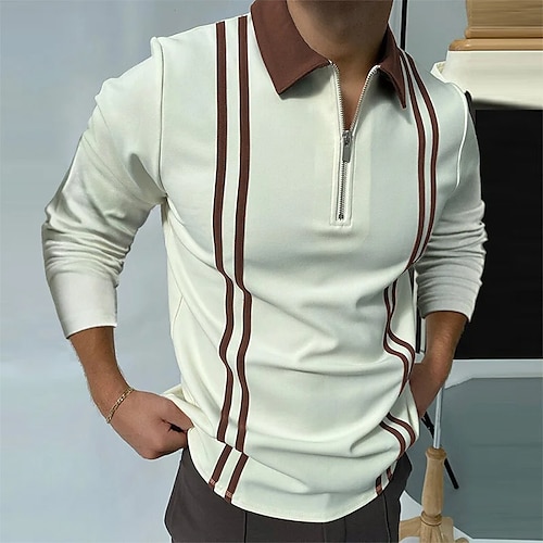 

Herre POLO Trøje Golftrøje Zip Polo Stribet Grafiske tryk Aftæpning Brun udendørs Gade Langærmet Lynlås Trykt mønster Tøj Mode Gade Designer Blødt