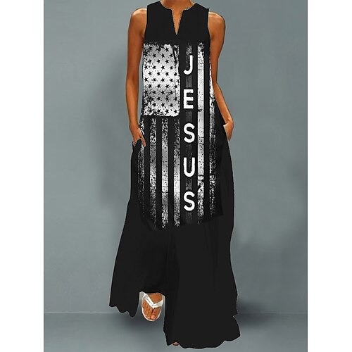 

kvinders påskekors jesus flag lang kjole maxi kjole afslappet kjole swing kjole print kjole afslappet ferie weekend lommeprint ærmeløs v-hals kjole løs pasform sort forår sommer s m l xl xxl