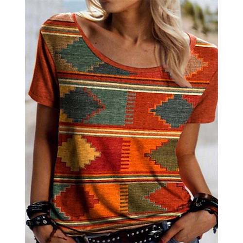 

Women's T shirt Tee Black Red Geometric Print Short Sleeve Daily Weekend Ethnic Round Neck Regular Geometric Painting S