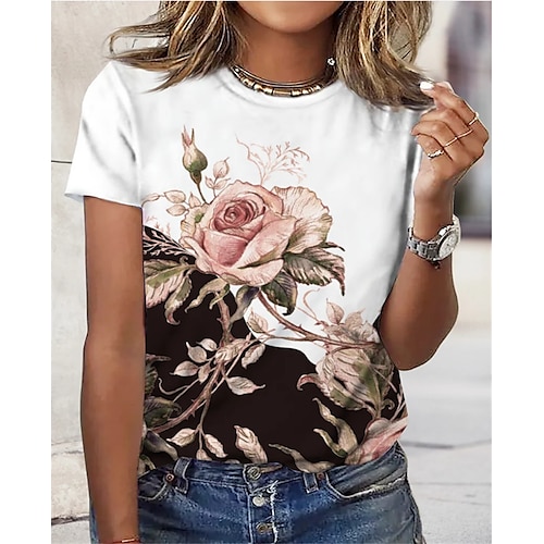 

Damen T Shirt Schwarz Rosa Regenbogen Blumen Bedruckt Kurzarm Casual Täglich Basic Rundhalsausschnitt Standard S