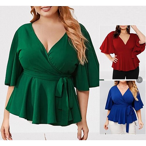 

Chemise Chemisier Femme Rouge Bleu Vert Plein Lacet Tunique fluide Demi Manches Casual basique Col V Normal Standard Grande Taille XL