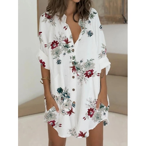 

Per donna Abito chemisier Abito casual Vestito a trapezio Mini abito Esterno Giornaliero Da mare Poliestere Di tendenza Informale Colletto alla coreana Pulsante Tasche Manica lunga Estate Primavera