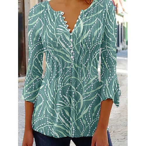 

Mulheres Camisa Social Blusa Branco Verde Folha Floral Botão Imprimir Manga 3/4 Feriado Final de semana Básico Decote Redondo Padrão Tema Flores S