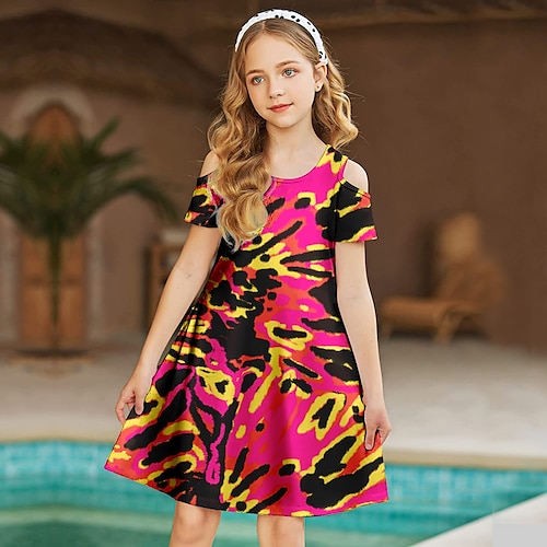 

vestido infantil para meninas unicórnio animal uma linha vestido férias diárias patchwork impressão rosa acima do joelho manga curta vestidos doces verão solto 3-12 anos