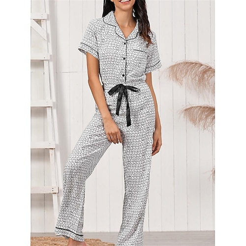 

Per donna loungewear Completi Geometrico Essenziale Informale Comoda Interni Giornaliero Da mare Cotone Traspirante Bavero Manica corta Camicia Pantalone Vita elastica Autunno Primavera Bianco