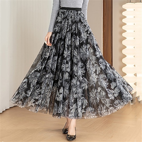 

Damen Schaukel Langer Rock Midi Polyester Amethyst Schwarz Blau Silber grau Röcke Frühling Sommer Layer-Look Bedruckt Gefüttert Küsten-Oma-Stil Elegant Normallänge Sommer Täglich Verabredung S M L