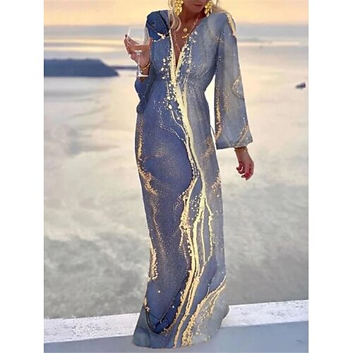 

Dame Lang kjole Maxikjole Uformell kjole Print kjole Fargegradering Bohemsk Fritid utendørs Daglig Feriereise Trykt mønster Langermet V-hals Kjole Løstsittende Blå Gull Høst Vår S M L XL XXL