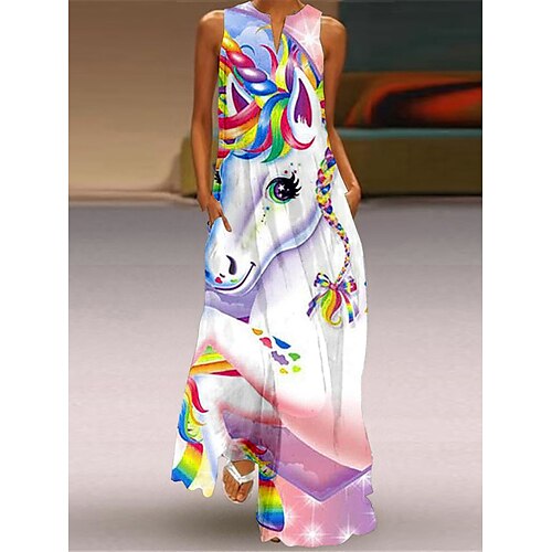 

Dame Lang kjole Maxikjole Uformell kjole Swingkjole Print kjole Dyr Fritid Romantikk Ferie Feriereise Strand Lomme Trykt mønster Ermeløs V-hals Kjole Løstsittende Hvit Vår Sommer S M L XL XXL