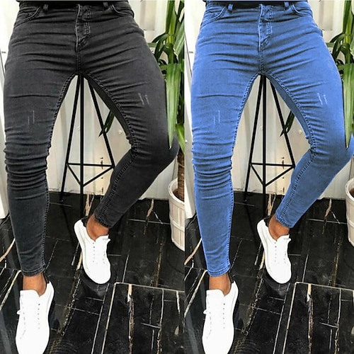 

Herre Jeans Mager Bukser Denimbukser Lomme Ensfarget Komfort Anvendelig utendørs Daglig Mote Gatemote Svart Blå Elastisk
