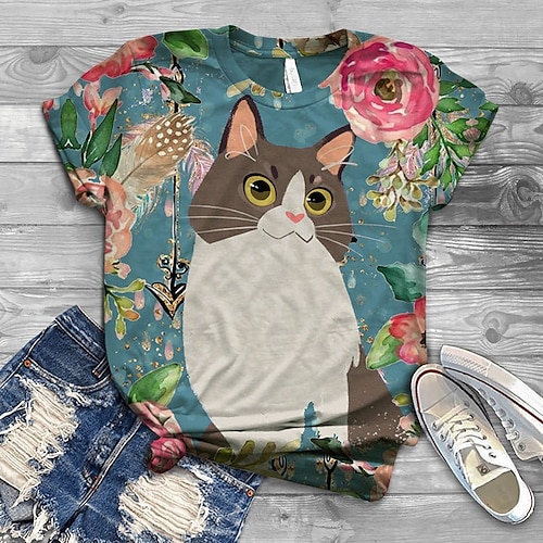 

T shirt Tee Femme Noir Blanche Bleu Roi Chat Imprimer Manche Courte du quotidien Fin de semaine basique Col Rond Normal Standard Chat Peinture S