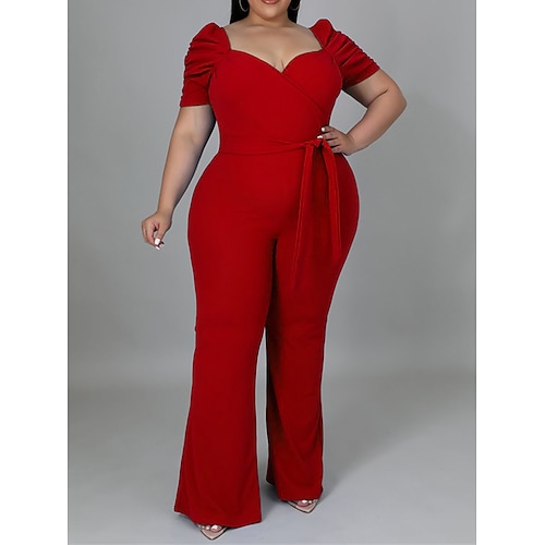 

Damen Jumpsuit mit Schnürung Feste Farbe V Ausschnitt Basic Geschäftlich B¨¹ro Täglich Regular Fit Kurzarm Schwarz Rote Blau L XL XXL 3XL Frühling