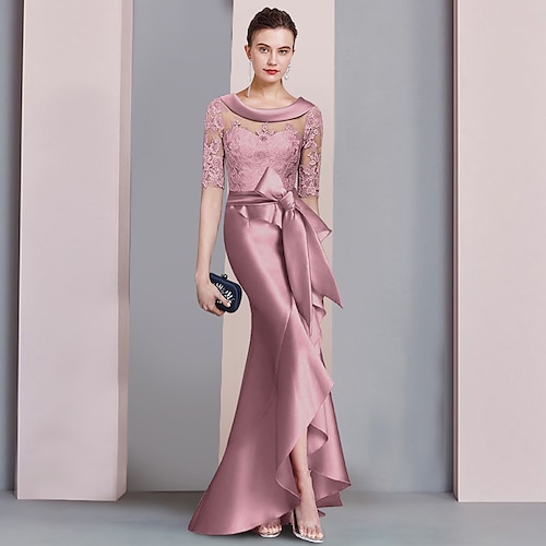 

Havfrue Kjole til brudens mor Formell Elegant Asymmetrisk lengde Øsehals Sweep / Børste train Asymmetrisk Sateng Blonder Halvlange ermer med Sløyfe(r) Appliqué 2023
