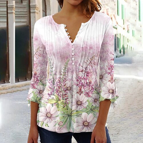 

Women's Shirt Blouse Pink Floral Button Print 3/4 Length Sleeve Holiday Weekend Streetwear Casual Round Neck Regular Floral S