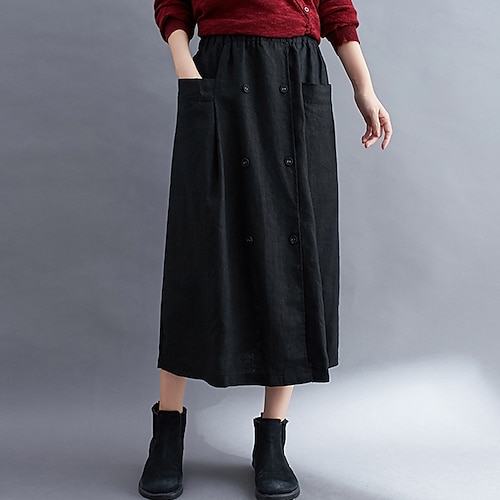 

Women's Skirt Swing Midi Linen Black Red Green Beige Skirts Pocket Basic Casual Daily L XL 2XL