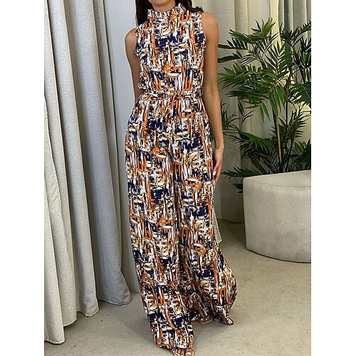 

Women's Jumpsuit Pocket Print Geometric Stand Collar Streetwear Daily Going out Regular Fit Sleeveless Yellow S M L Spring