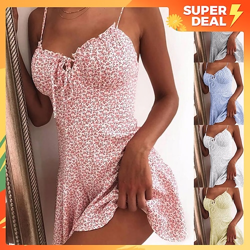 

Women's Casual Dress Sundress Floral Dress Mini Dress Dark Yellow Light Pink White Sleeveless Floral Lace up Spring Summer Spaghetti Strap Hot Vacation Weekend Slim 2023 S M L XL XXL 3XL 4XL 5XL