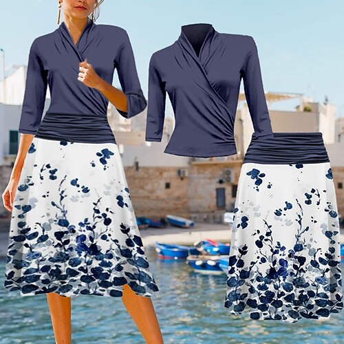 

completo da donna vestito a due pezzi gonna set tutti i giorni uscita elegante abito midi stampa formale scollo a V maniche a 3/4 floreale vestibilità regolare blu inverno autunno s m l xl xxl