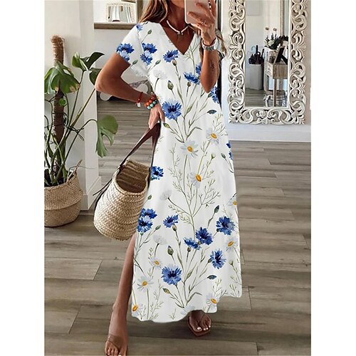 

Dame Lang kjole Maxikjole Hverdagskjole Sommerkjole Print kjole Blomstret Mode Gade udendørs Daglig I-byen-tøj Delt Trykt mønster Kortærmet V-hals Kjole Regulær Blå Sommer Forår S M L XL XXL