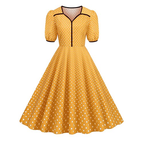 

Dame Årgang Elegant Vintage kjole Midikjole utendørs Daglig Puffermer Trykt mønster Polkadotter V-hals Halvlange ermer Normal Sommer Vår 2023 Svart Gul S M L XL