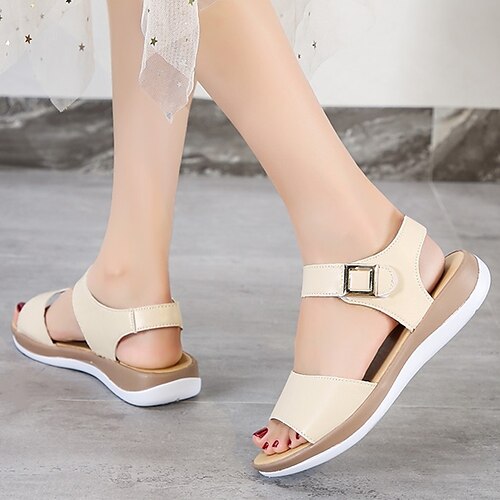 

Mujer Sandalias Sandalias planas Zapatos Confort Sandalias de plataforma Exterior Diario Playa Verano Tacón Plano Puntera abierta Clásico Casual Cuero Patentado Cinta Color sólido Blanco Beige