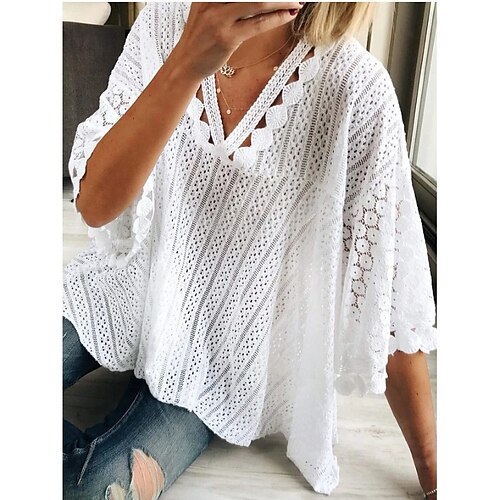 

Dame Skjorte Bluse Hvite eyelet -topper Hvit عادي Blonde Kortermet Avslappet Grunnleggende V-hals Normal S