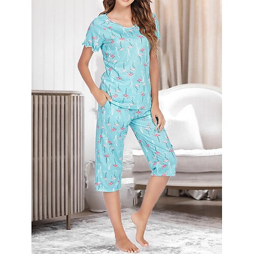 

Dame Pyjamas Pyjamas top og bukser Sæt Dyr Stjerne Afslappet Komfort pastorale stil Hjem Daglig Seng Polyester Åndbart V-strop Kortærmet T-shirt Lomme Sommer Forår Lyserød Blå