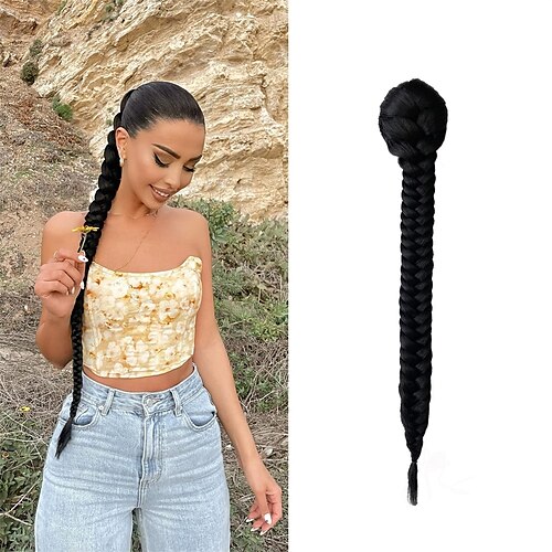 

24 Inch Long Braided Ponytail Hair Synthetic Mdium length Drawstring Ponytail Clip In Hair Extension Ponytail Braiding Hair Black Braided Hair Drawstring Ponytail Synthetic for Women