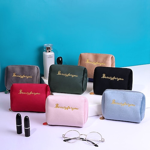 

bolsa cosmética portátil com zíper de veludo versão coreana bolsa de armazenamento cosmética de dupla camada de grande capacidade bolsa de bordado boca de cilindro bolsa vermelha