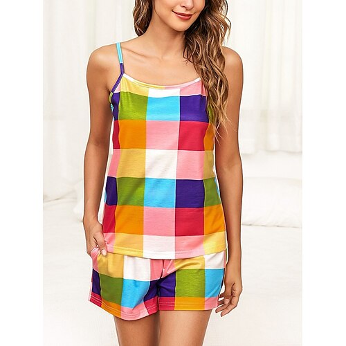 

Dame Plusstørrelser Pyjamas Pyjamas top og bukser Sæt Gitter / Plaid Enkel Afslappet Komfort Hjem Daglig Seng Polyester Åndbart Remme Uden ærmer Strop Top Shorts Åben ryg Elastisk Talje Sommer Forår