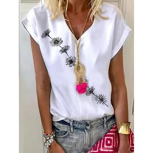 

Mulheres Camiseta Branco Floral Imprimir Manga Curta Casual Feriado Básico Decote V Padrão Tema Flores S